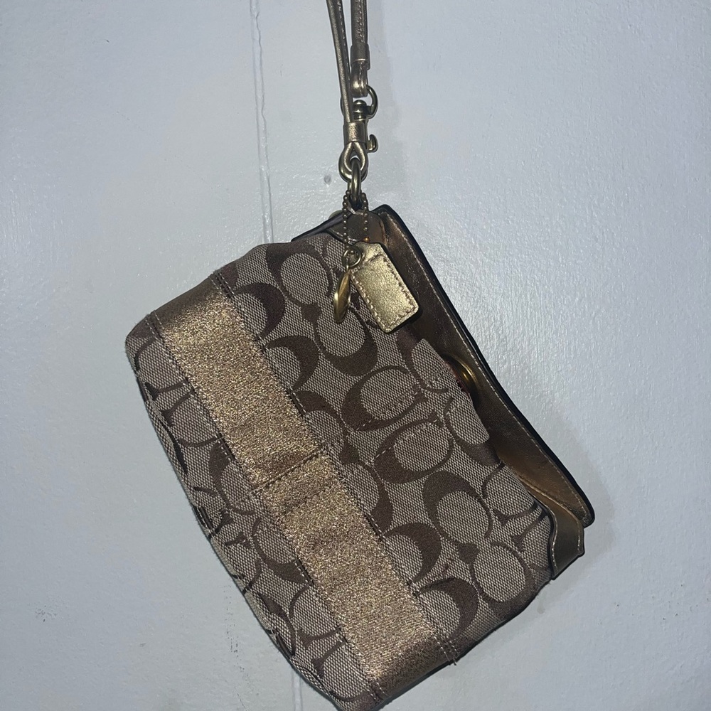 Coach Signature Brown and Gold Wristlet